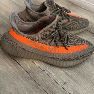 Yeezy Gray and Orange Sneakers with Primeknit Upper